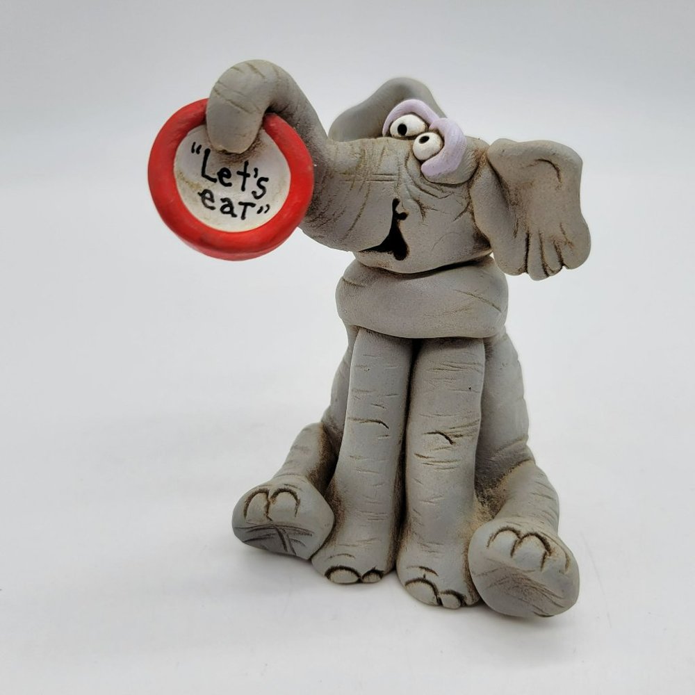 Cute Elephant "Let's Eat" Hungry Meal Time Figurine Artist Signed Modeled Clay